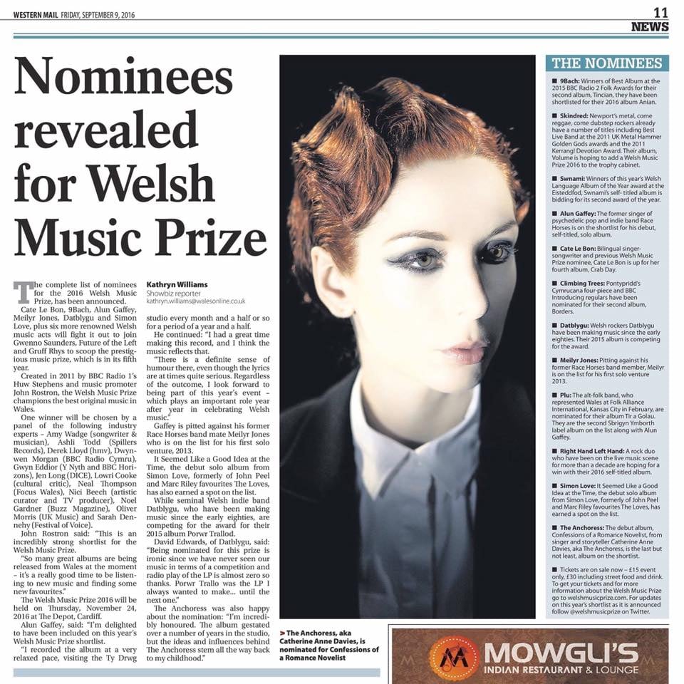 Featured image for “THE ANCHORESS IS NOMINATED FOR WELSH MUSIC PRIZE”
