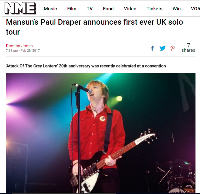 Featured image for “PAUL DRAPER’S FIRST  UK SOLO TOUR REPORTED BY NME”