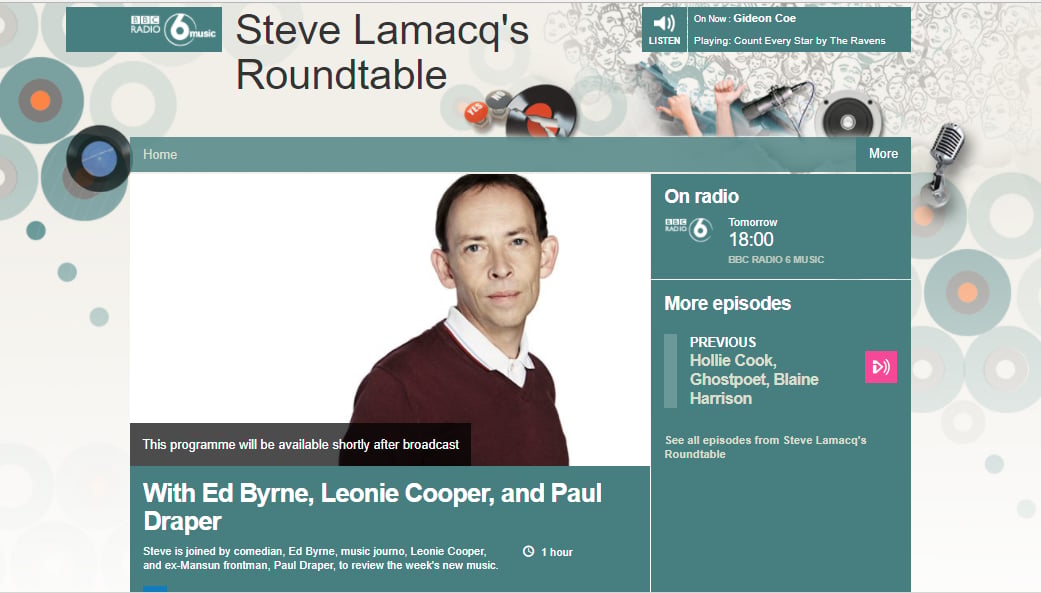 Featured image for “PAUL DRAPER REVIEWS NEW RELEASES ON BBC6 MUSIC, THURSDAY 27TH JULY.”