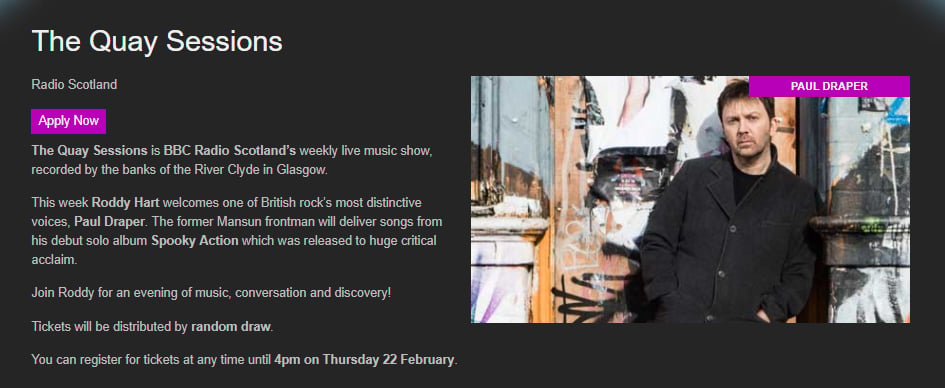 Featured image for “PAUL TO APPEAR ON BBC SCOTLAND ‘THE QUAY SESSIONS’”